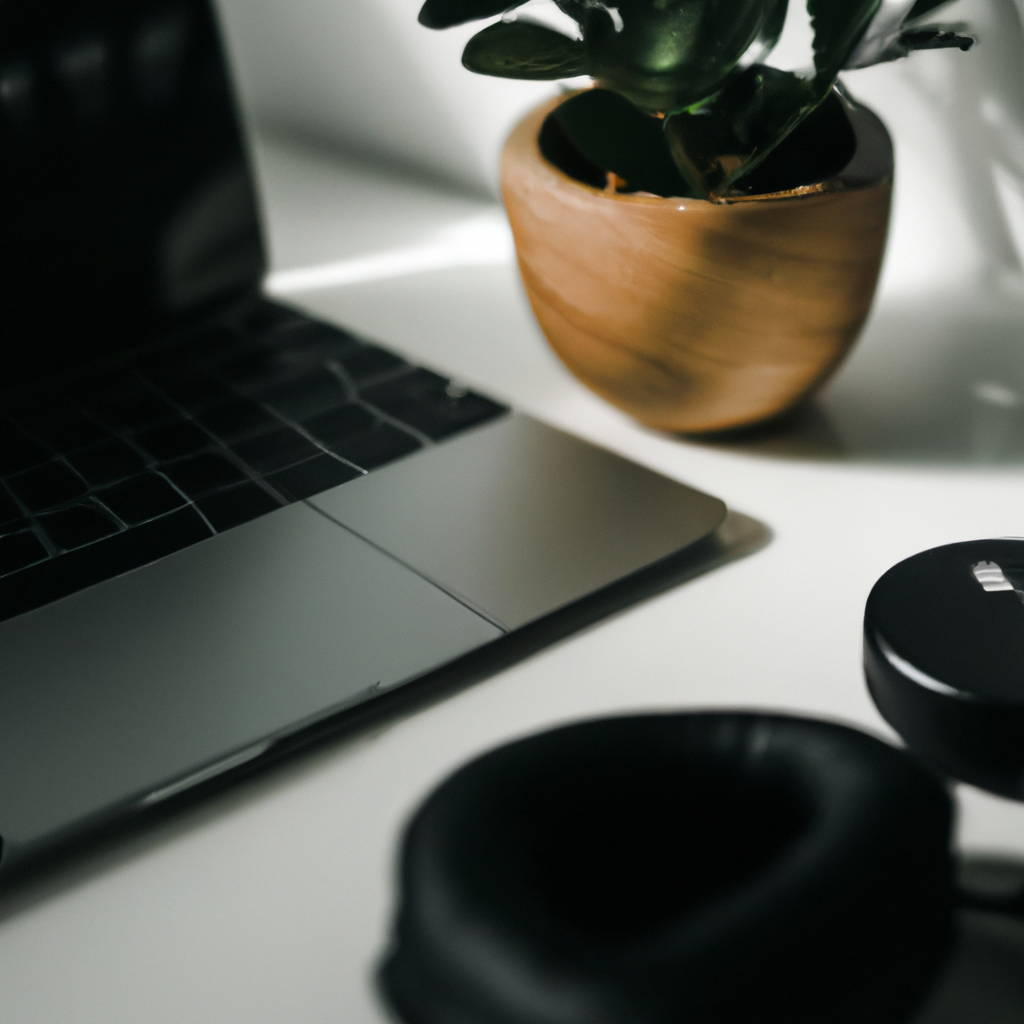 Modern minimal office desk with laptop, headphones, and a plant under soft natural light